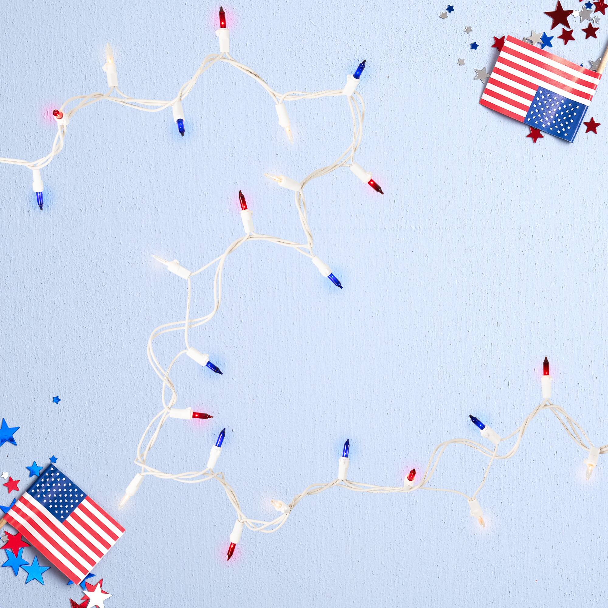 Patriotic Chasing Mini Light Set - Red Clear and Blue - 34ft White Wire - 150ct